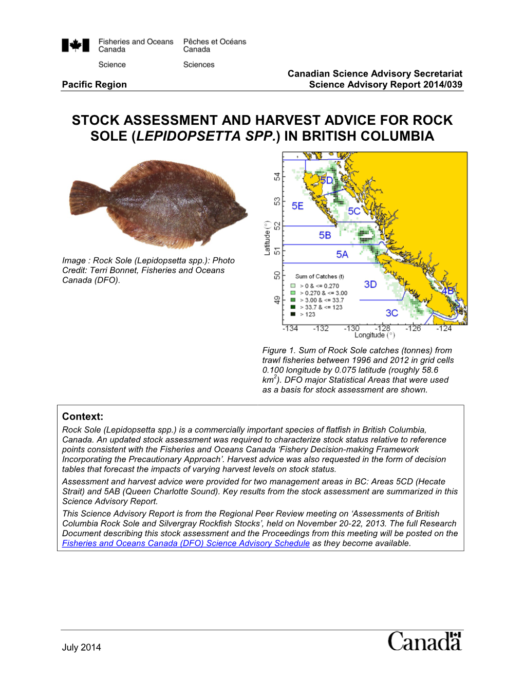 Stock Assessment and Harvest Advice for Rock Sole (Lepidopsetta Spp.) in British Columbia