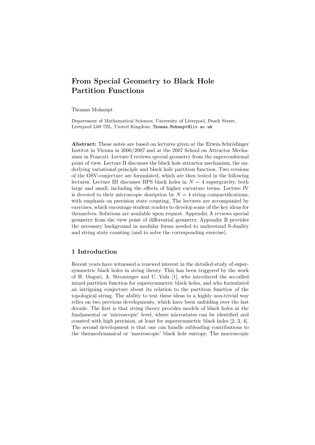 From Special Geometry to Black Hole Partition Functions