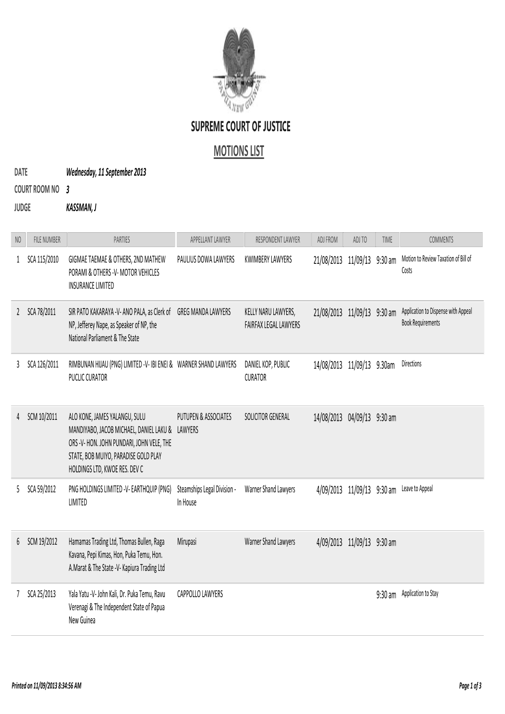 MOTIONS LIST DATE Wednesday, 11 September 2013 COURT ROOM NO 3 JUDGE KASSMAN, J