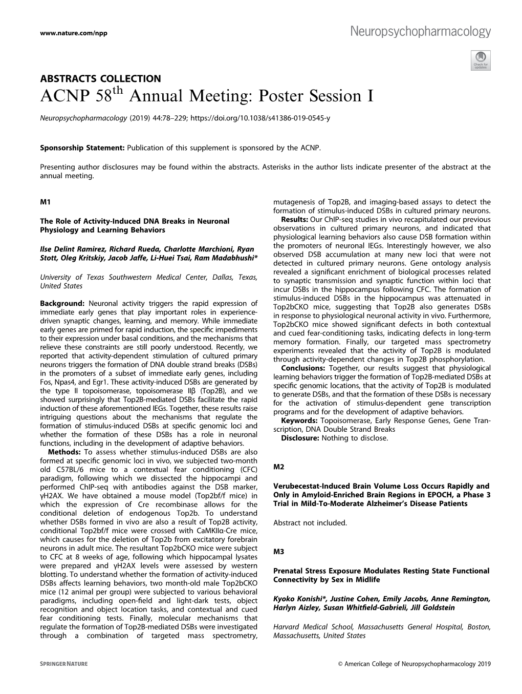 ACNP 58Th Annual Meeting: Poster Session I