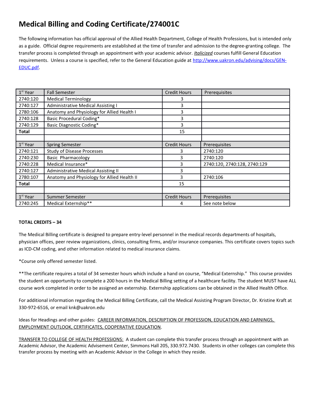 Medical Billing and Coding Certificate/274001C