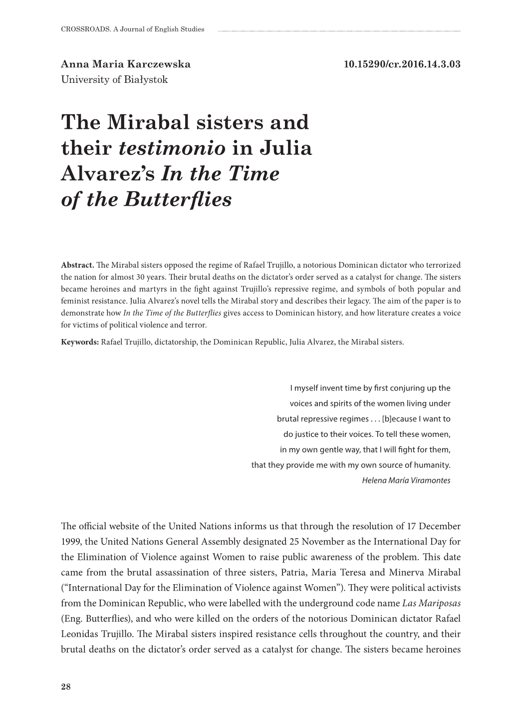 The Mirabal Sisters and Their Testimonio in Julia Alvarez's in The