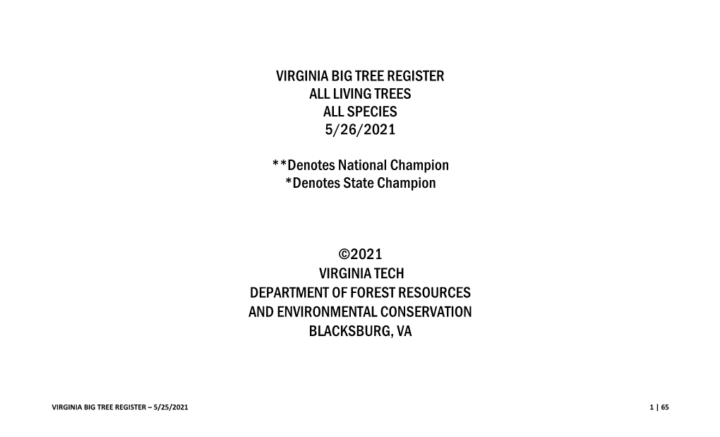 VIRGINIA BIG TREE REGISTER ALL LIVING TREES ALL SPECIES 5/26/2021 **Denotes National Champion *Denotes State Champion ©2021