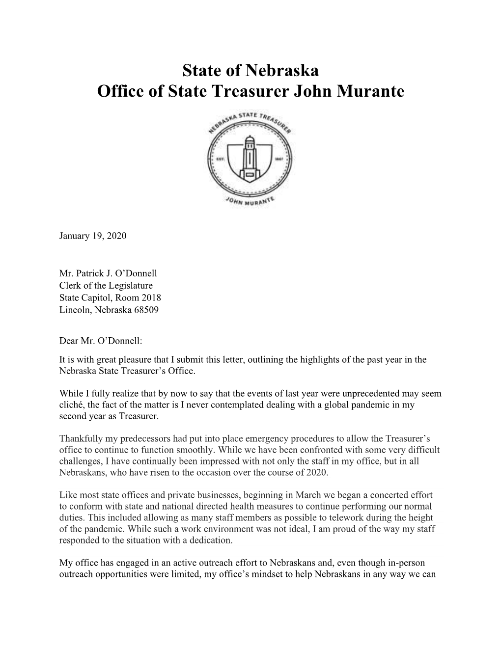 State of Nebraska Office of State Treasurer John Murante