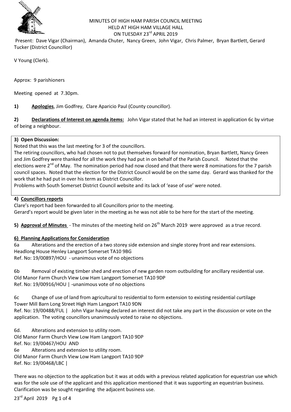 23Rd APRIL 2019 Present: Dave Vigar (Chairman), Amanda Chuter, Nancy Green, John Vigar, Chris Palmer, Bryan Bartlett, Gerard Tucker (District Councillor)