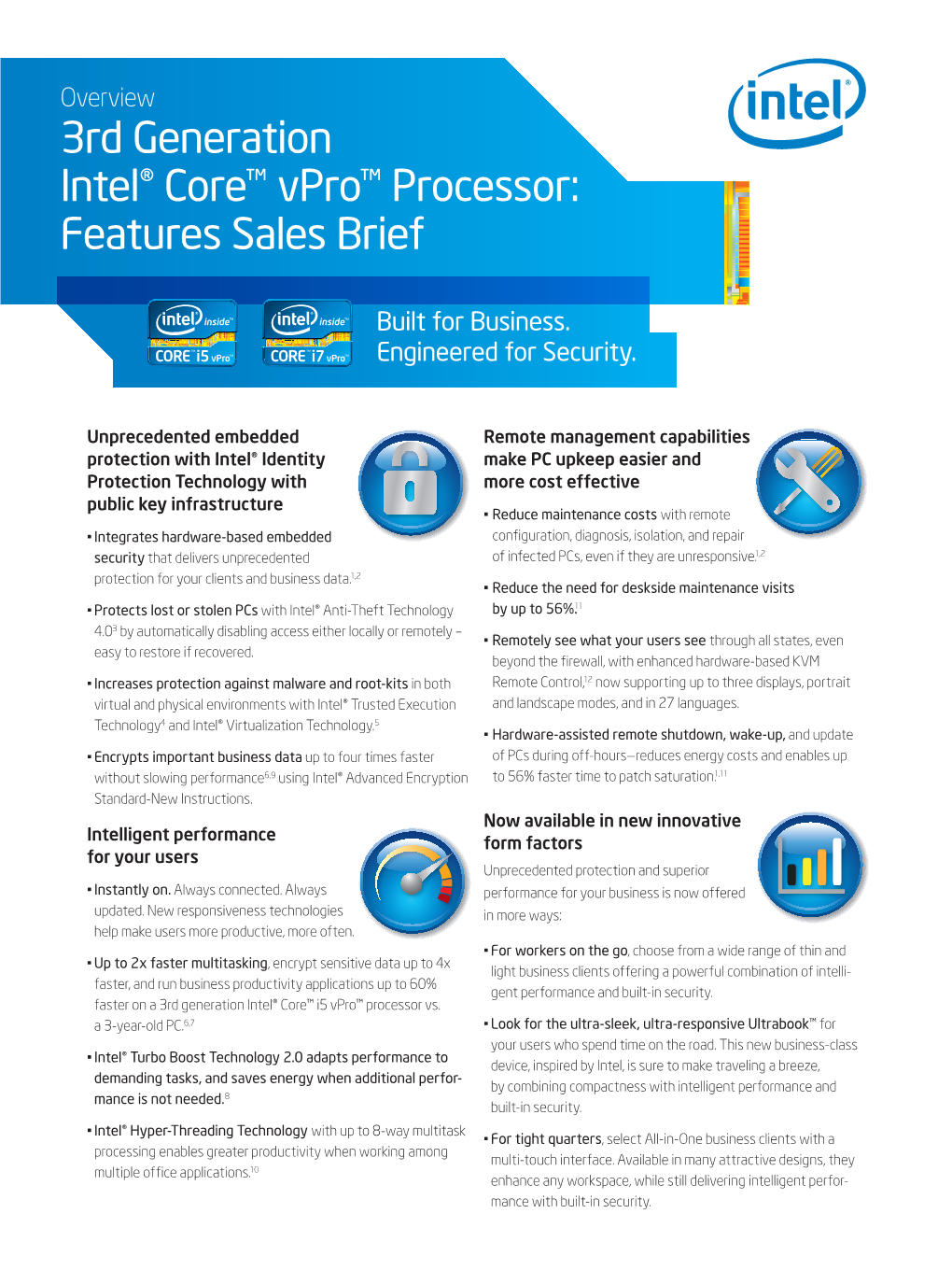 3Rd Generation Intel® Core™ Vpro™ Processor: Features Sales Brief