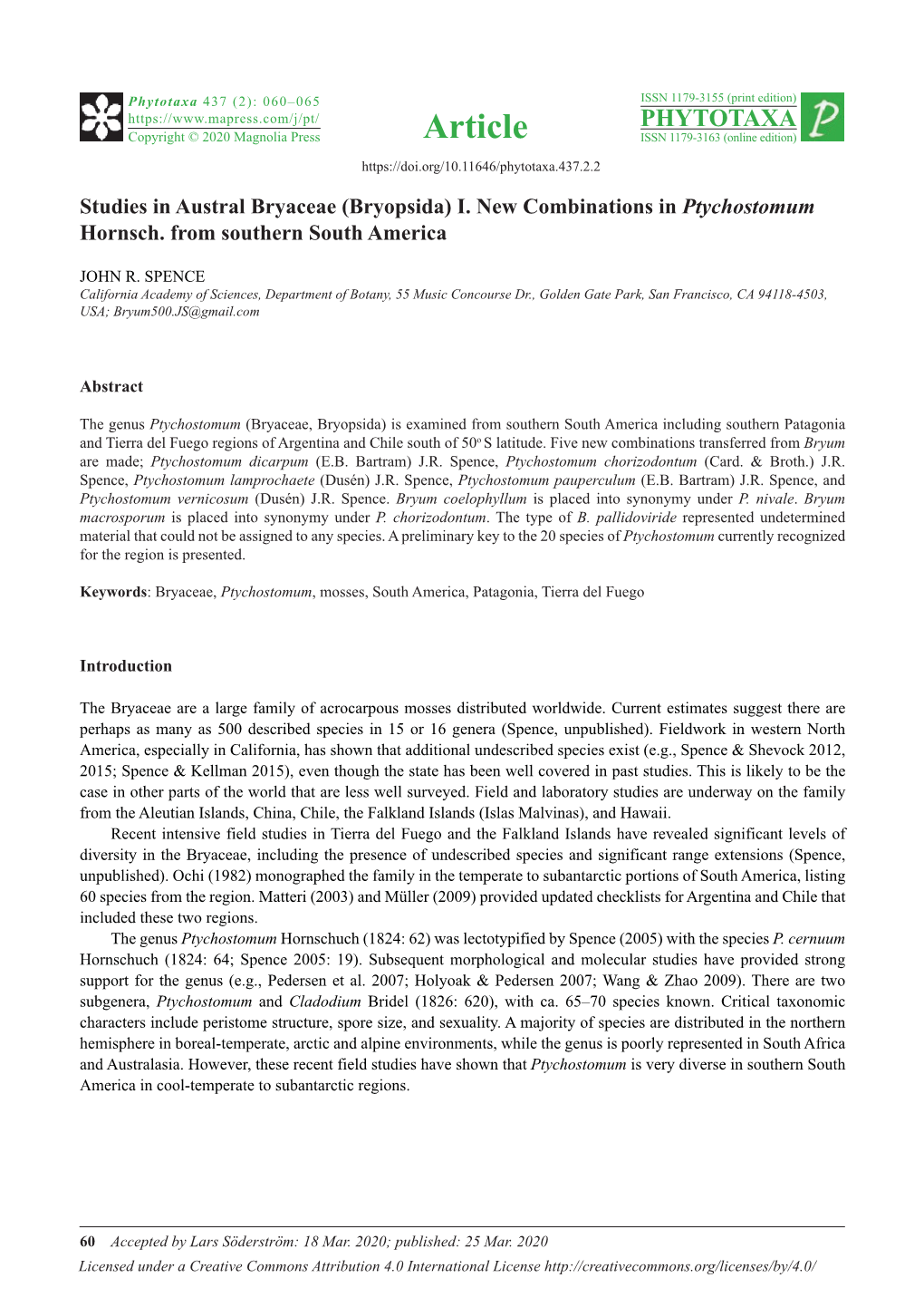 Studies in Austral Bryaceae (Bryopsida) I. New Combinations in Ptychostomum Hornsch