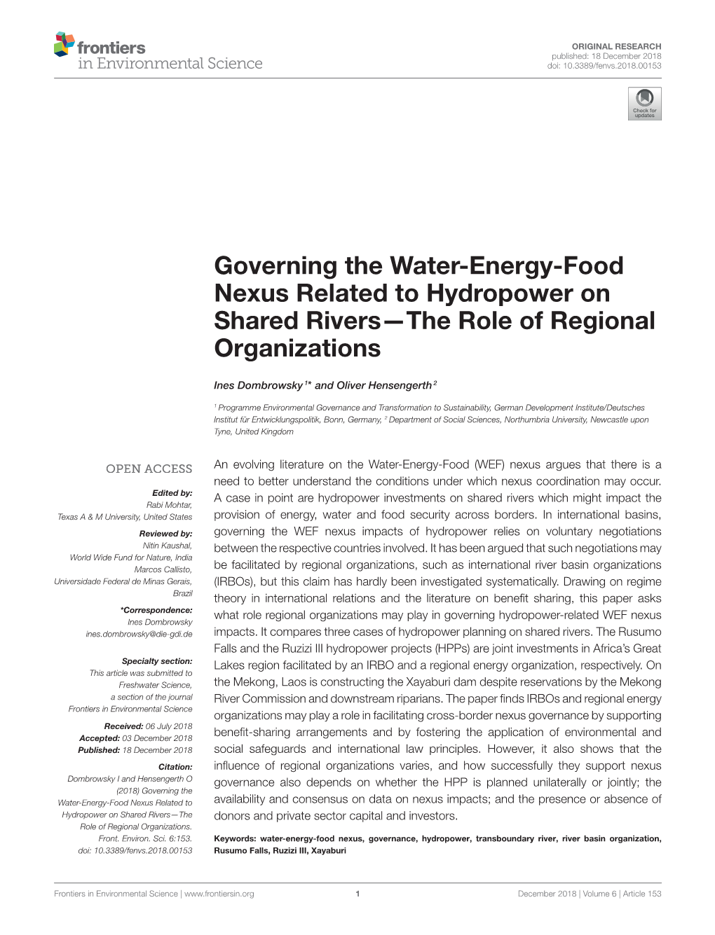 Governing the Water-Energy-Food Nexus Related to Hydropower on Shared Rivers—The Role of Regional Organizations