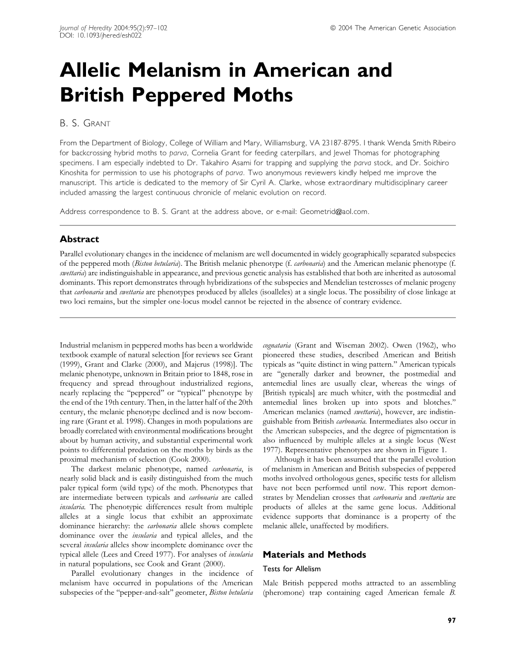 Allelic Melanism in American and British Peppered Moths