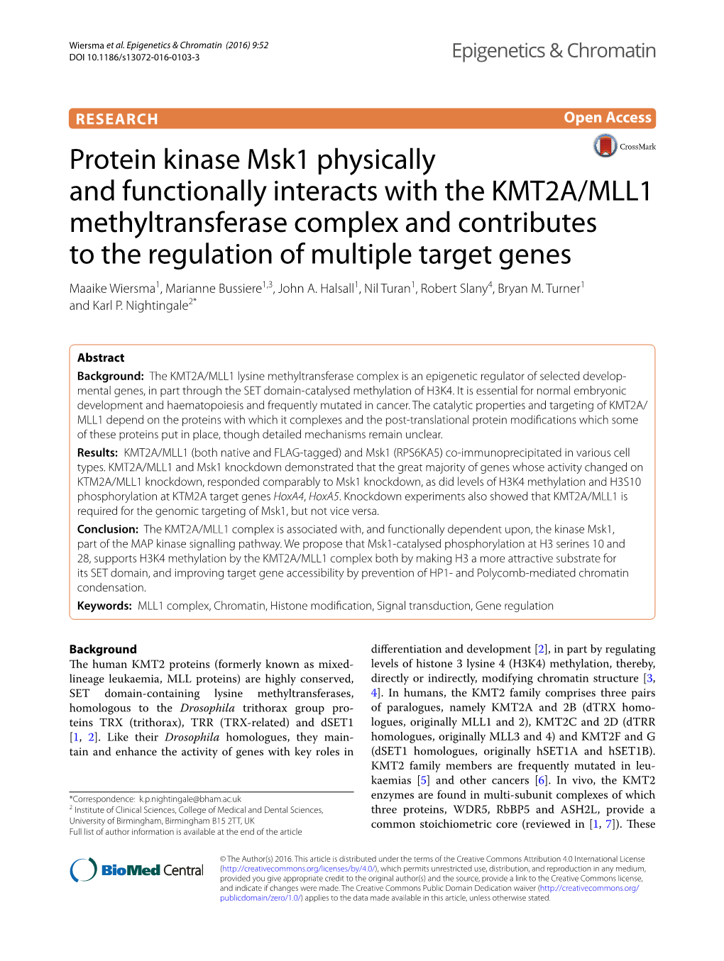 Protein Kinase Msk1 Physically and Functionally Interacts with the KMT2A/MLL1 Methyltransferase Complex and Contributes to the R