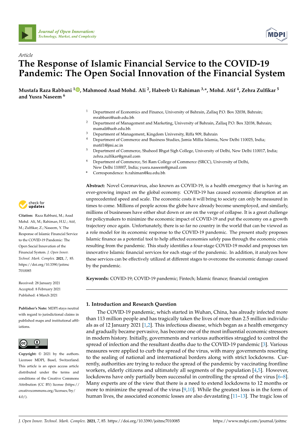 The Response of Islamic Financial Service to the COVID-19 Pandemic: the Open Social Innovation of the Financial System