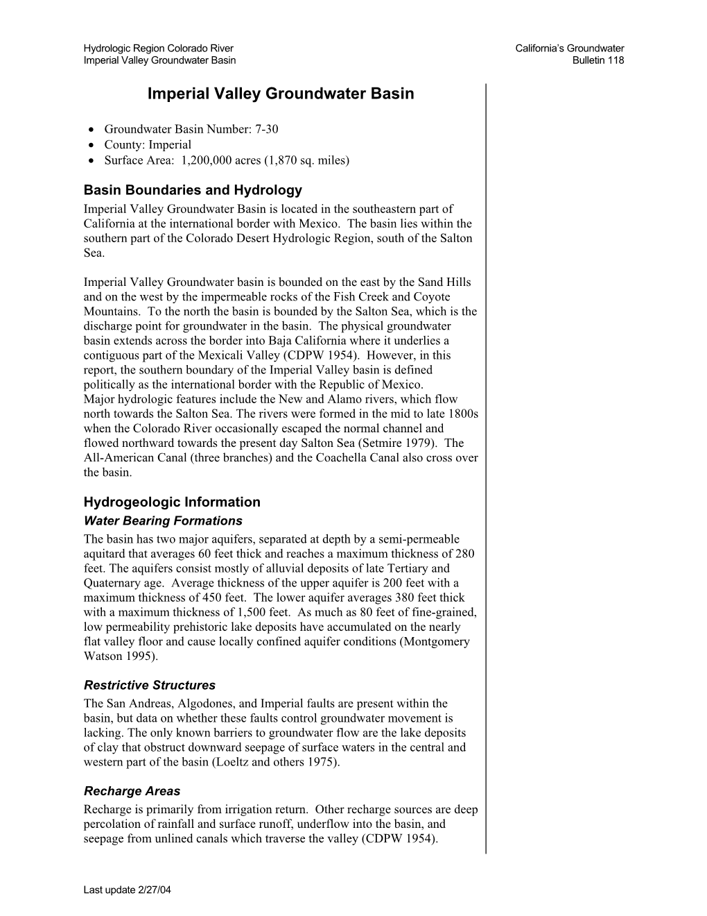 Imperial Valley Groundwater Basin Bulletin 118