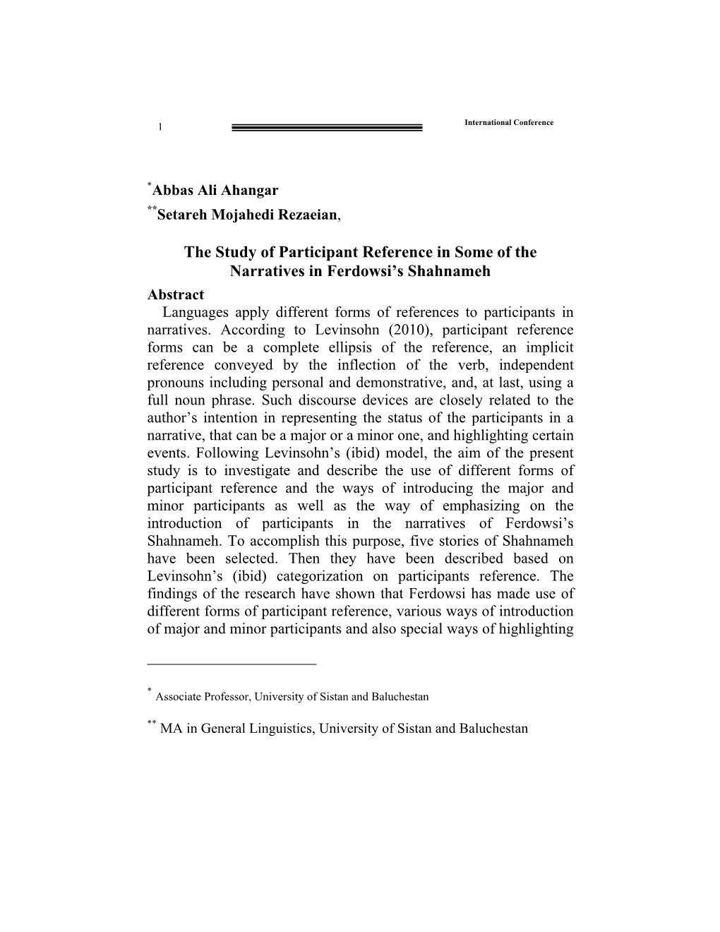 The Study of Participant Reference in Some of the Narratives in Ferdowsi’S Shahnameh