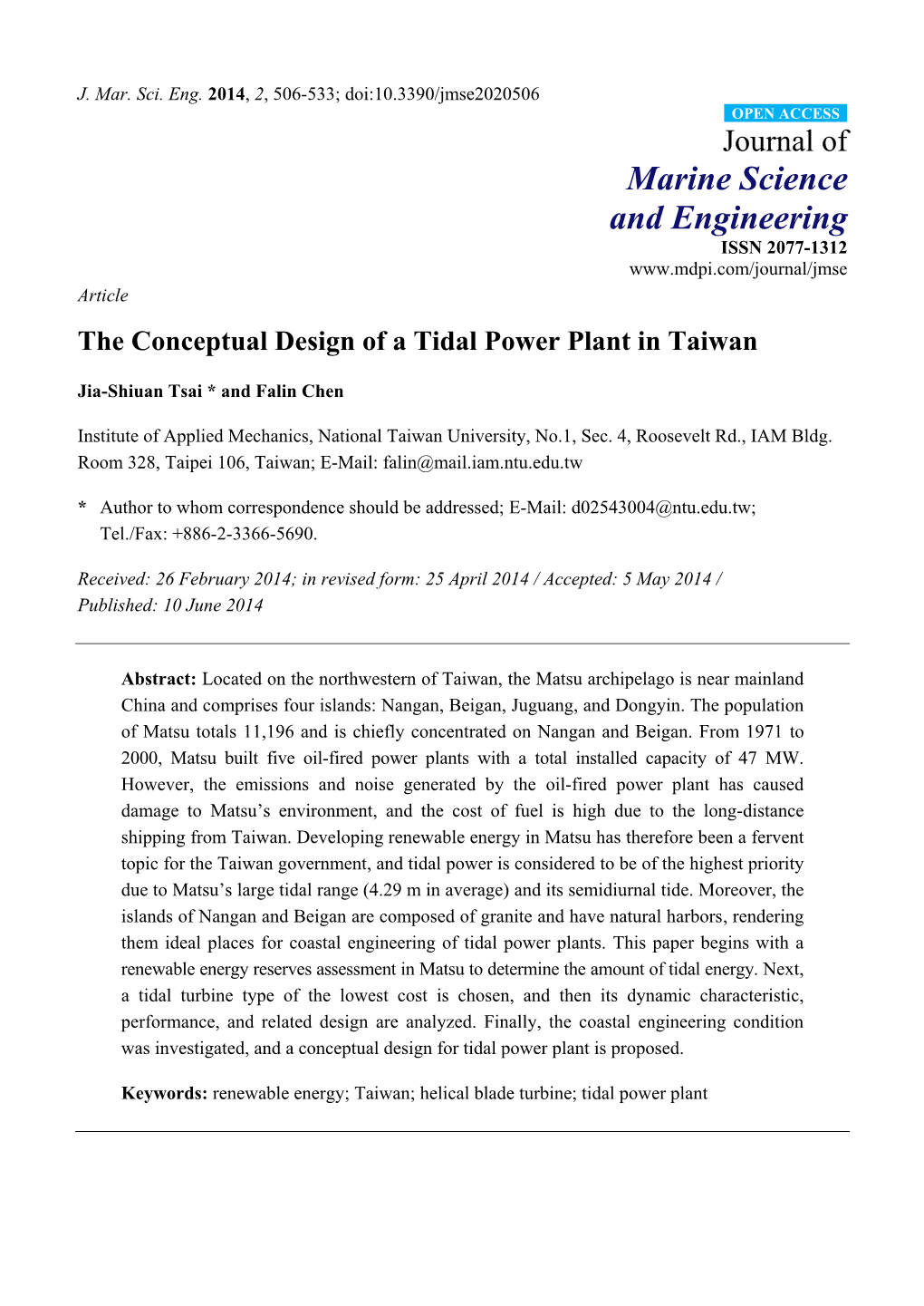 The Conceptual Design of a Tidal Power Plant in Taiwan