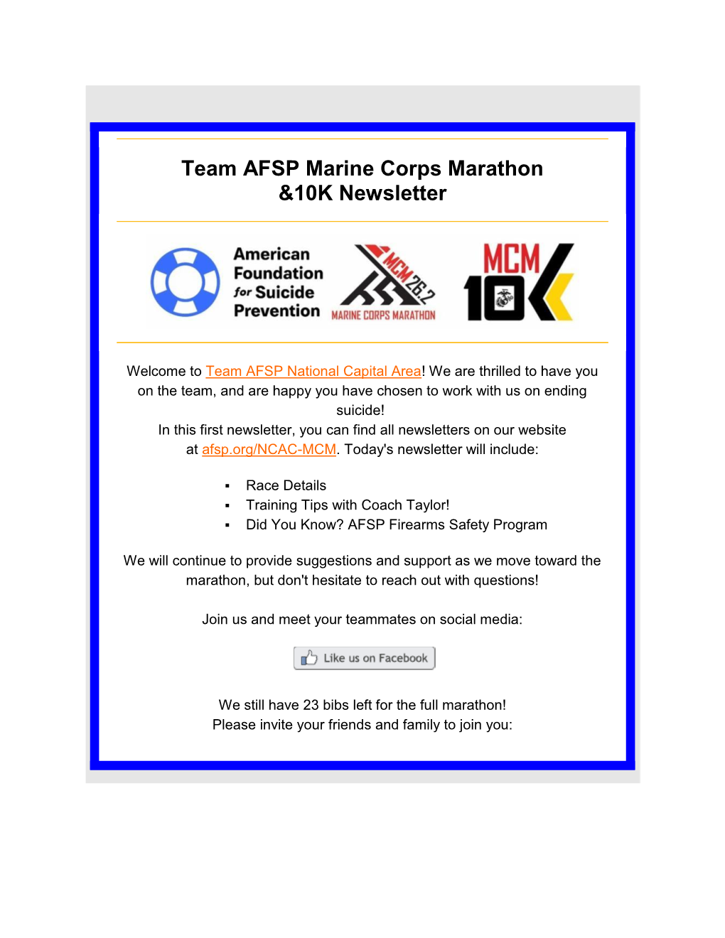 Team AFSP Marine Corps Marathon &10K Newsletter