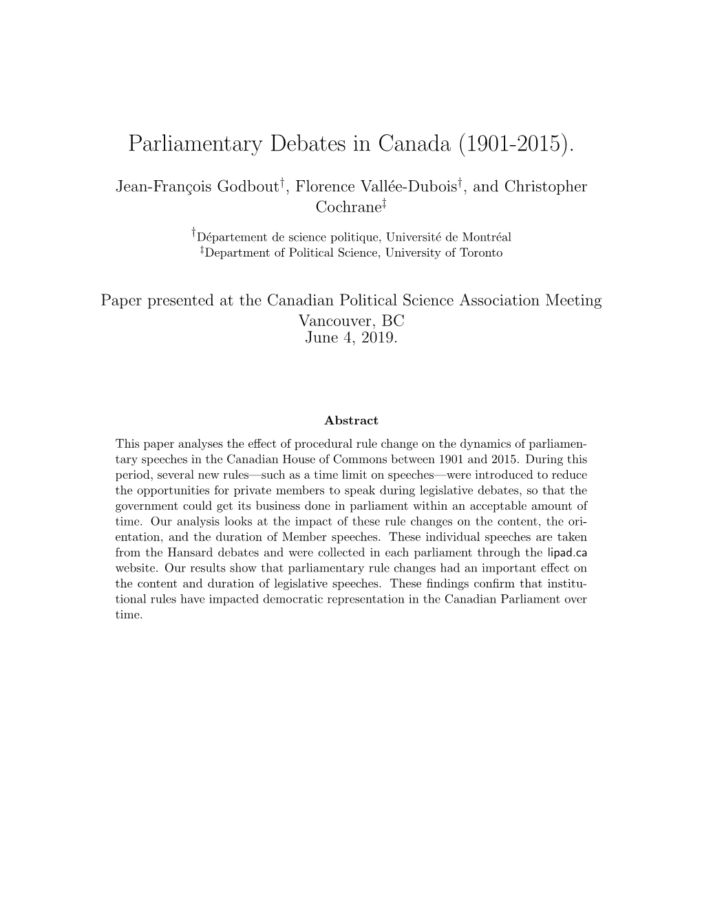 Parliamentary Debates in Canada (1901-2015)