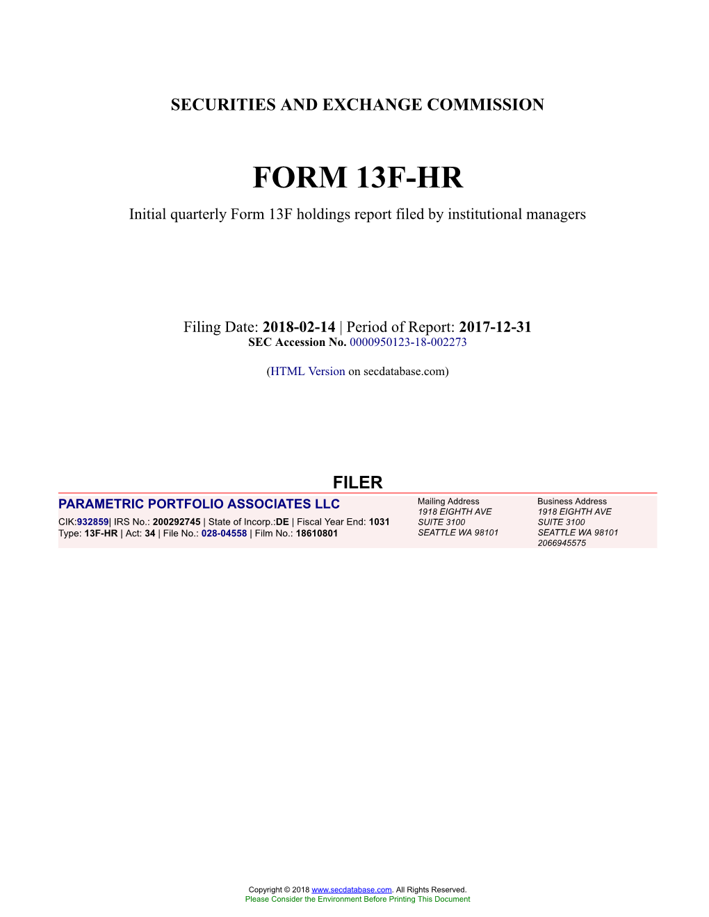 PARAMETRIC PORTFOLIO ASSOCIATES LLC Form 13F-HR