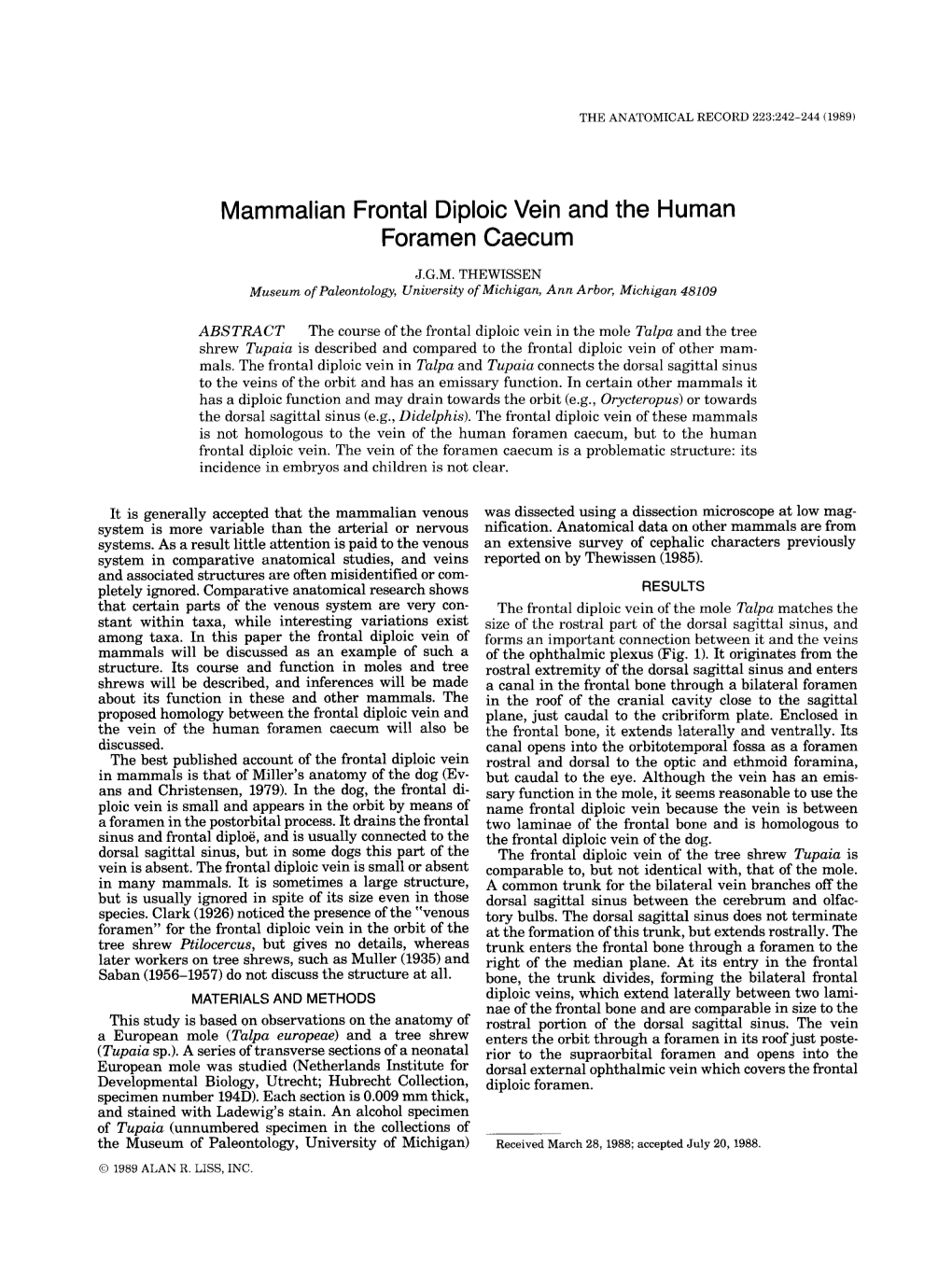 Mammalian Frontal Diploic Vein and the Human Foramen Caecum