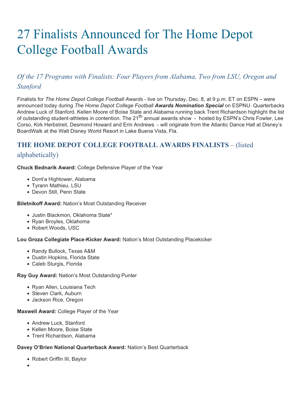 27 Finalists Announced for the Home Depot College Football Awards