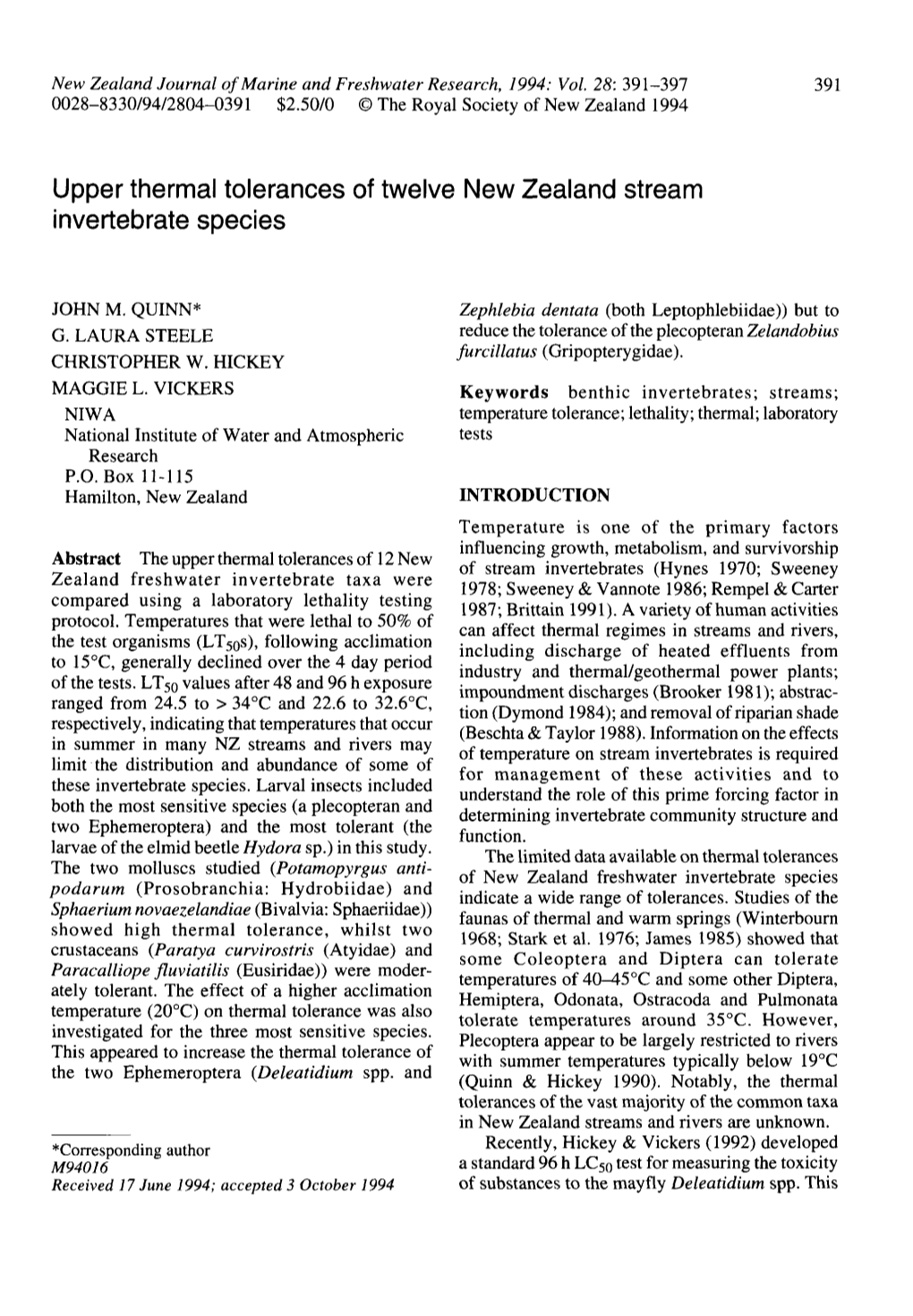 Upper Thermal Tolerances of Twelve New Zealand Stream Invertebrate Species