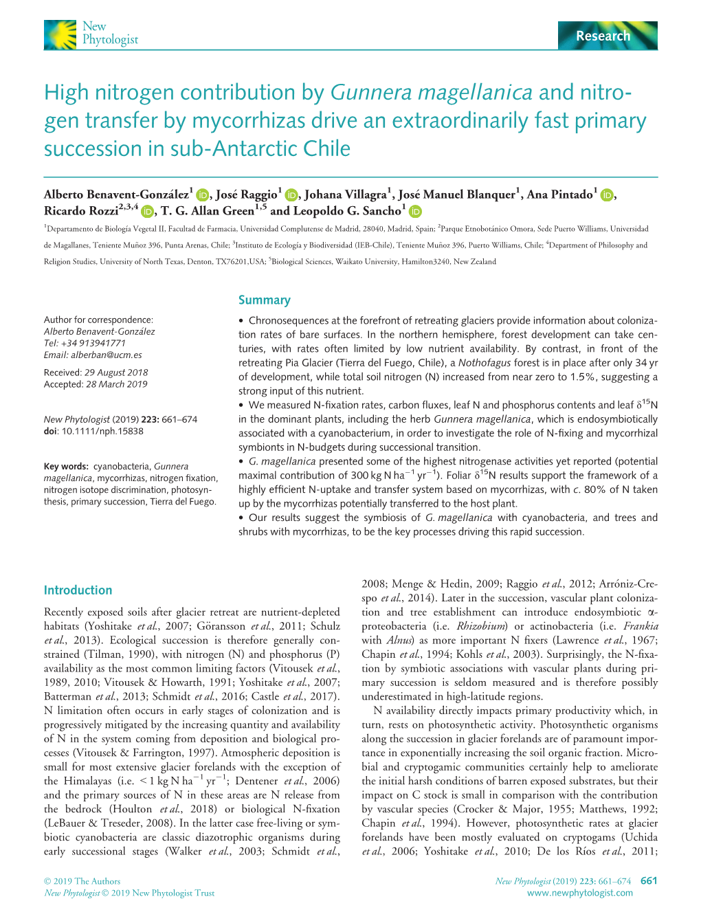 High Nitrogen Contribution by Gunnera Magellanica and Nitro- Gen Transfer by Mycorrhizas Drive an Extraordinarily Fast Primary Succession in Sub-Antarctic Chile