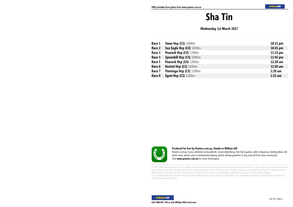 Sha Tin Printable Form Guide