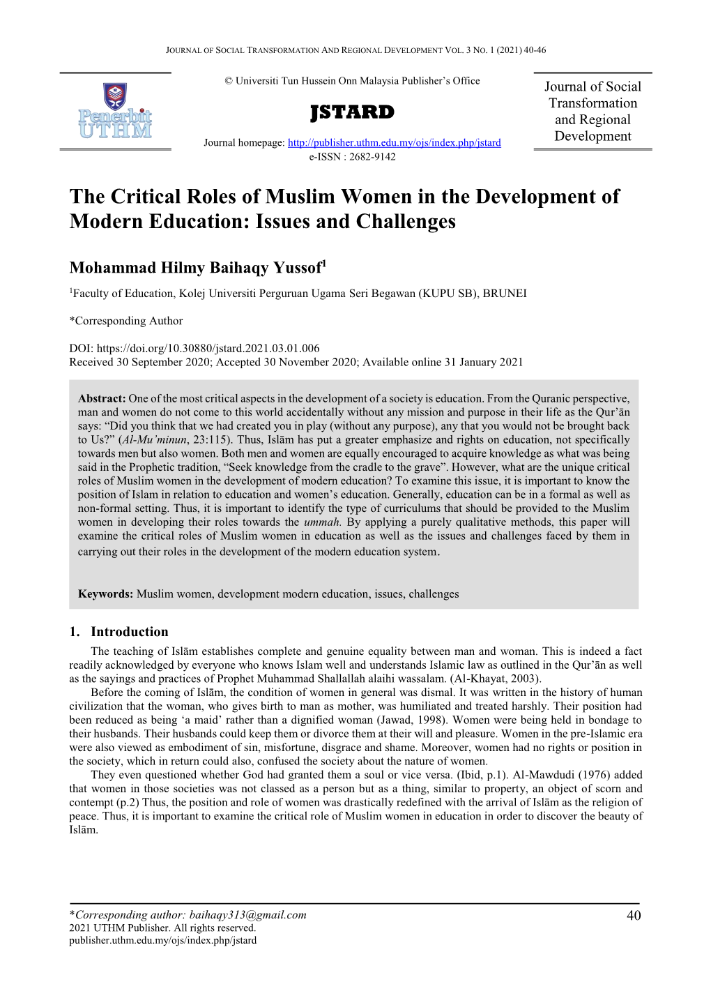 The Critical Roles of Muslim Women in the Development of Modern Education: Issues and Challenges