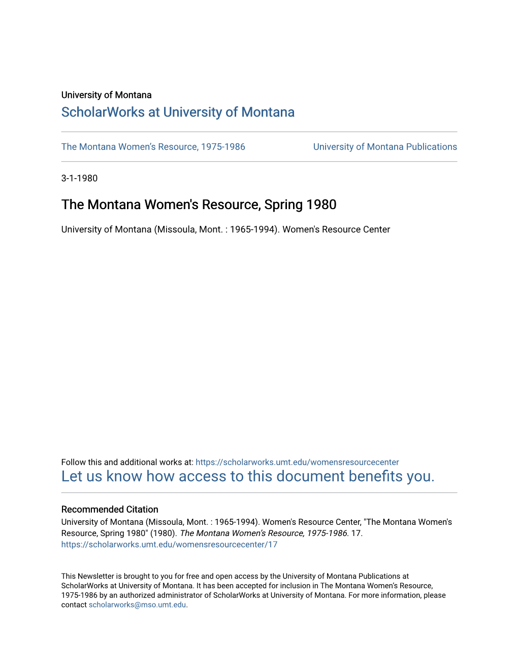 The Montana Women's Resource, Spring 1980