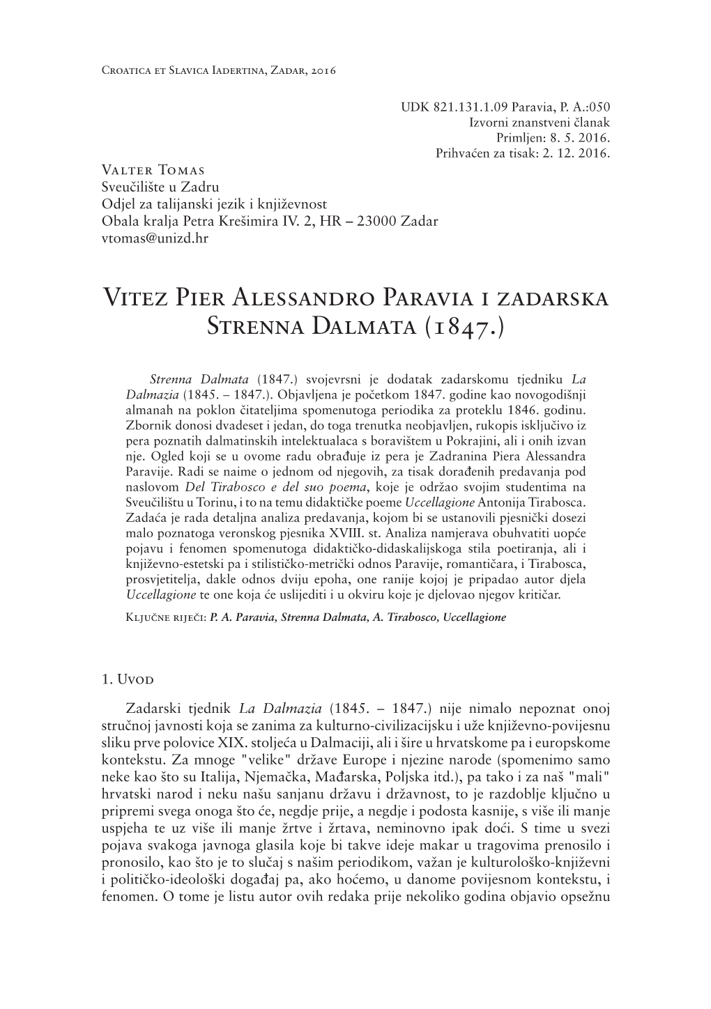 Vitez Pier Alessandro Paravia I Zadarska Strenna Dalmata (1847.)