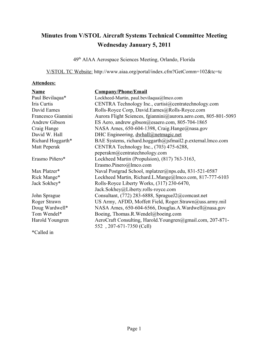 Minutes from V/STOL Aircraft Systems Technical Committee Meeting s1