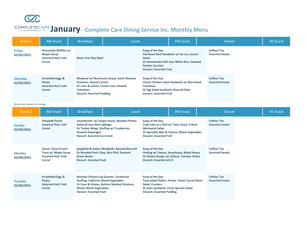 January- Complete Care Dining Service Inc. Monthly Menu