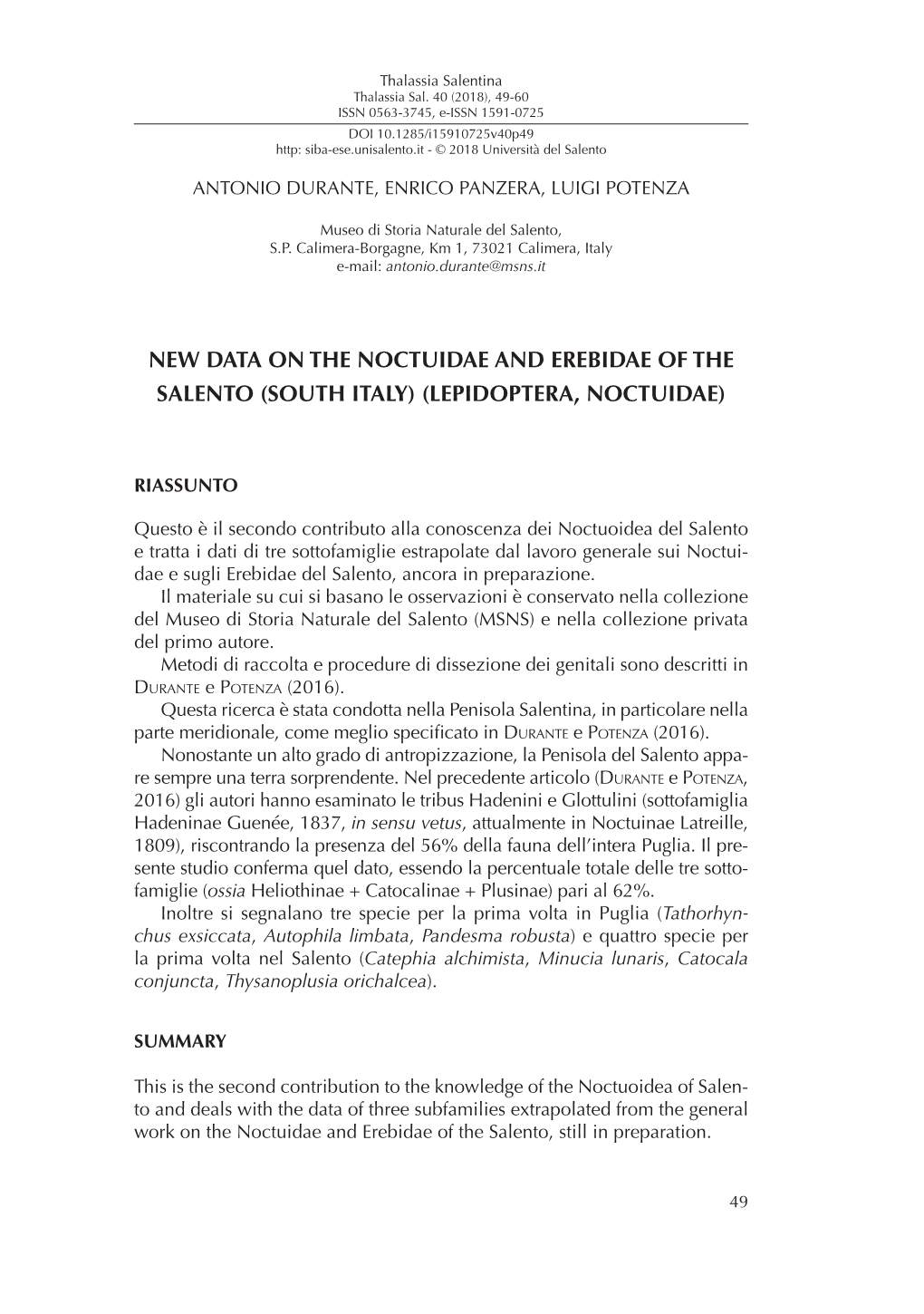 New Data on the Noctuidae and Erebidae of the Salento (South Italy) (Lepidoptera, Noctuidae)