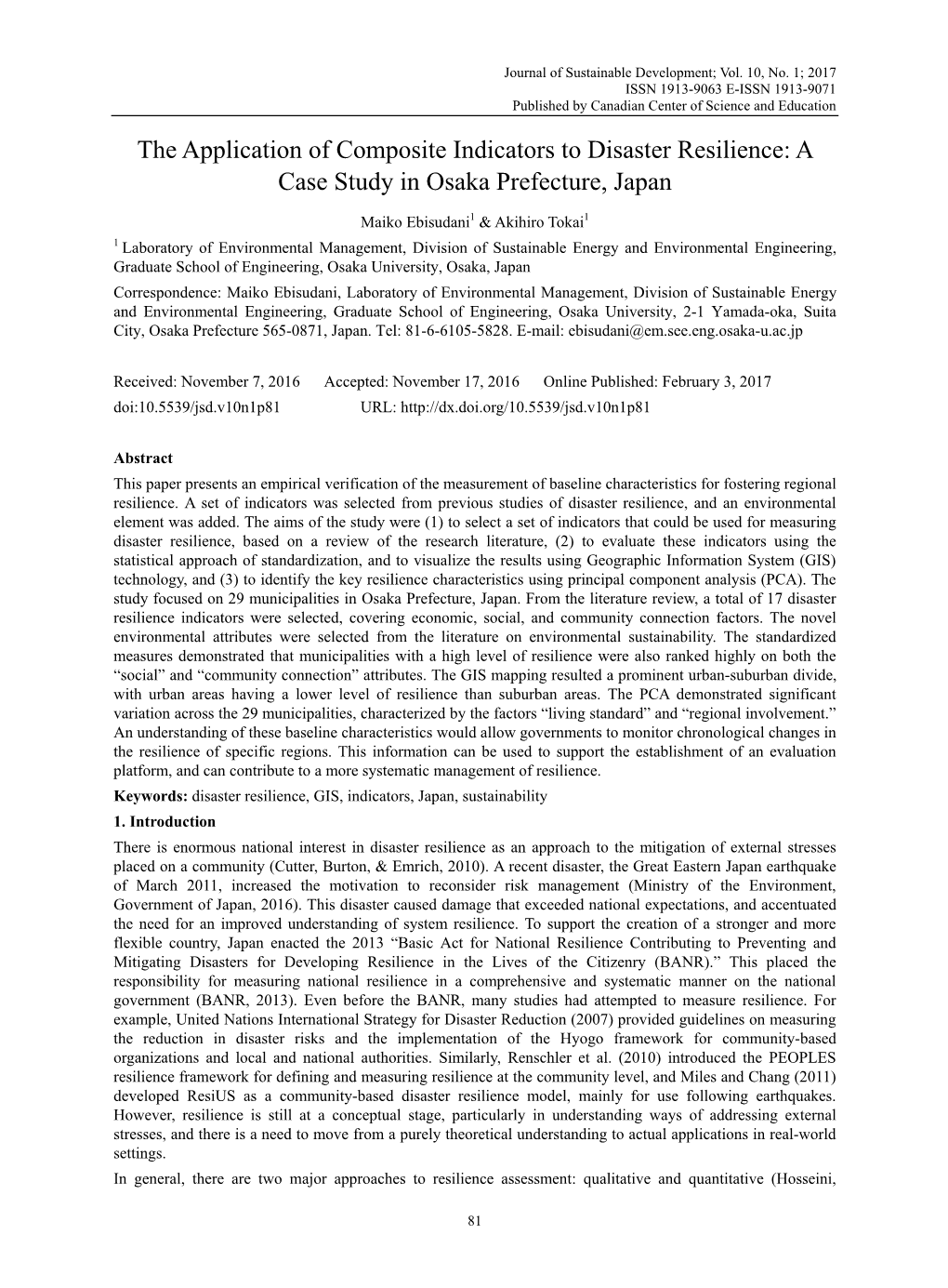 The Application of Composite Indicators to Disaster Resilience: a Case Study in Osaka Prefecture, Japan