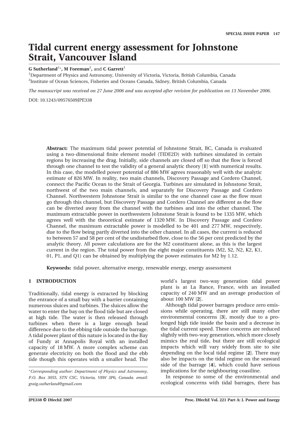 Tidal Current Energy Assessment for Johnstone Strait, Vancouver Island