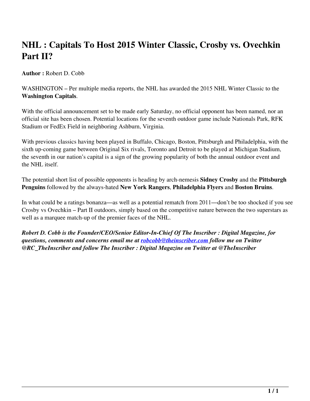 NHL : Capitals to Host 2015 Winter Classic, Crosby Vs. Ovechkin Part II?
