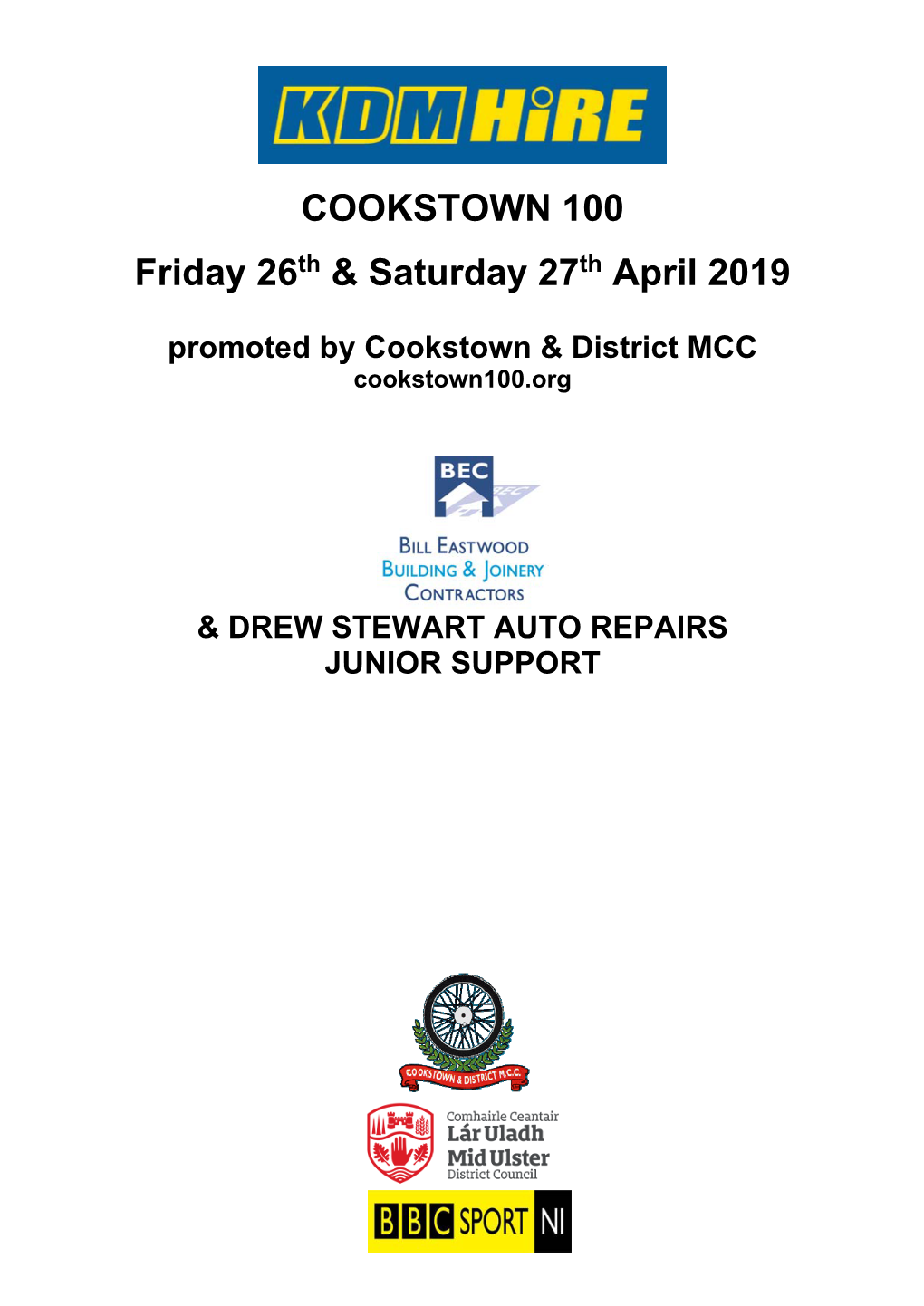 COOKSTOWN 100 Friday 26Th & Saturday 27Th April 2019