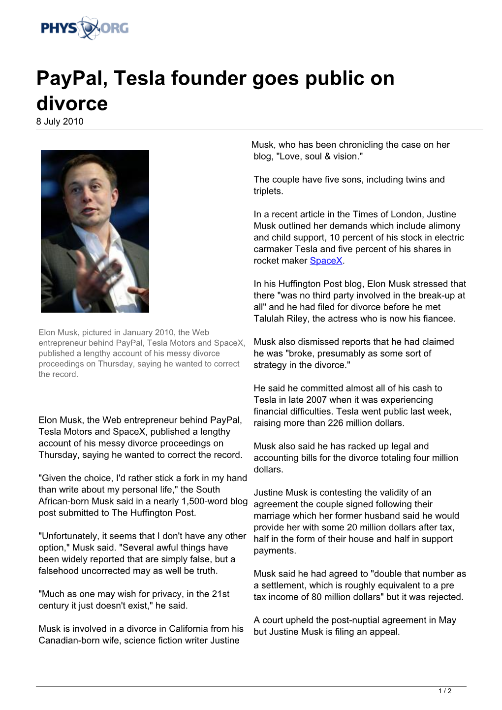Paypal, Tesla Founder Goes Public on Divorce 8 July 2010