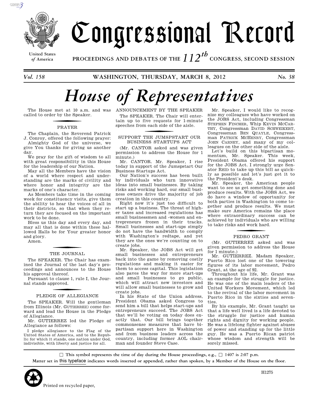 Congressional Record United States Th of America PROCEEDINGS and DEBATES of the 112 CONGRESS, SECOND SESSION