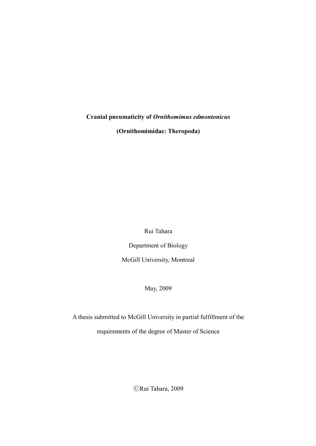 Cranial Pneumaticity of Ornithomimus Edmontonicus (Ornithomimidae