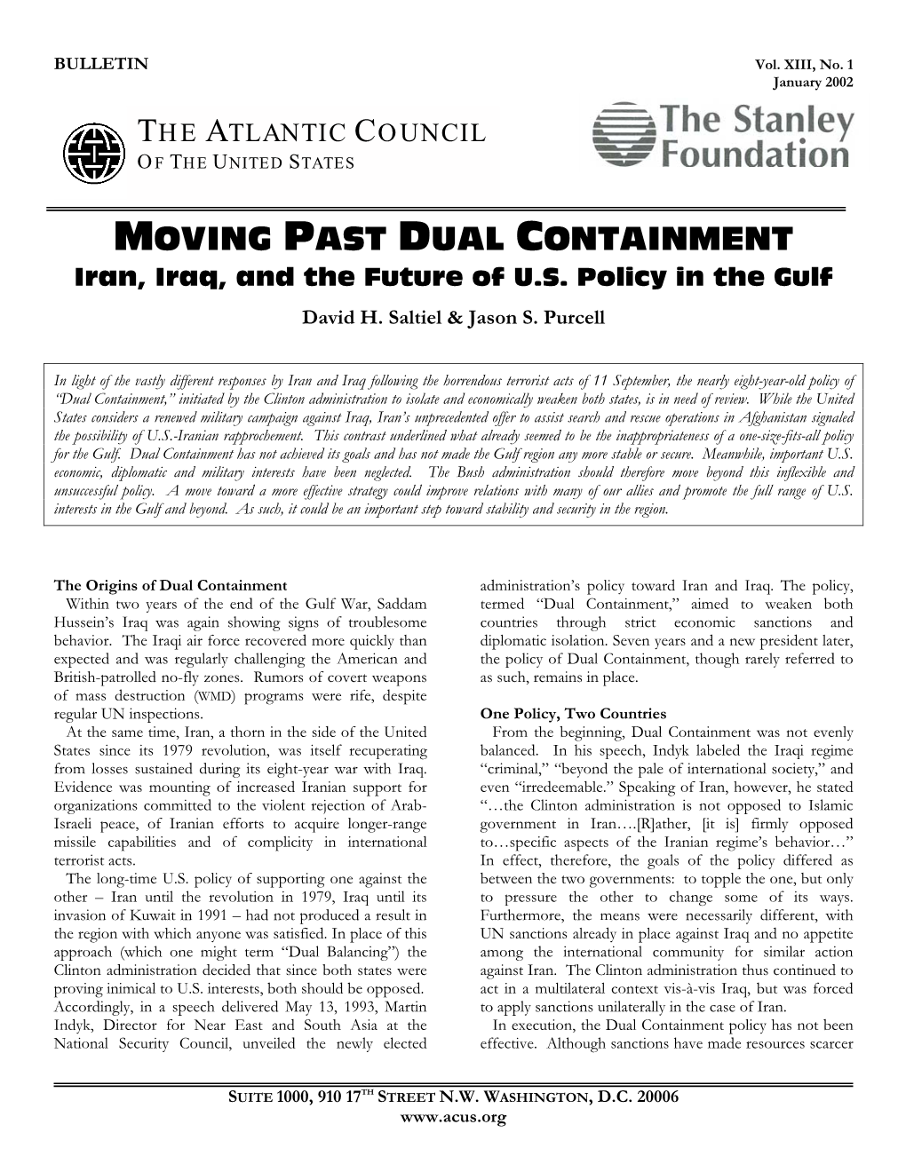Moving Past Dual Containment: Iran, Iraq and the Future of US Policy in the Gulf