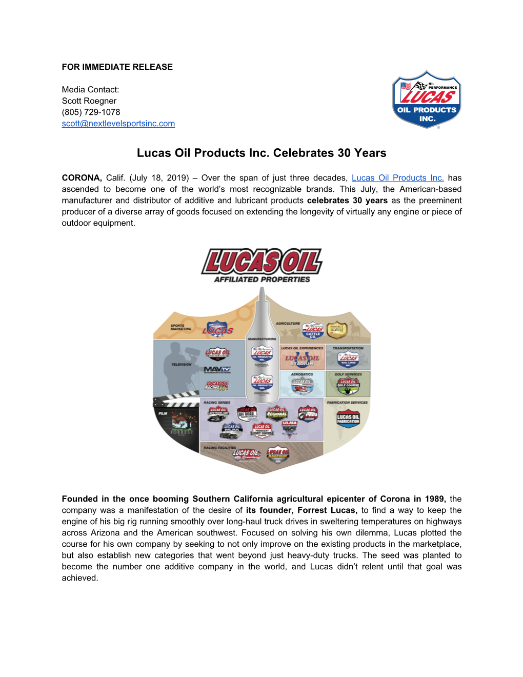 Lucas Oil Products Inc. Celebrates 30 Years