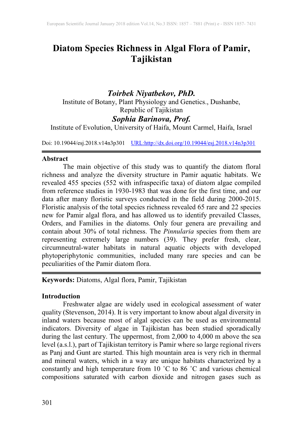 Diatom Species Richness in Algal Flora of Pamir, Tajikistan