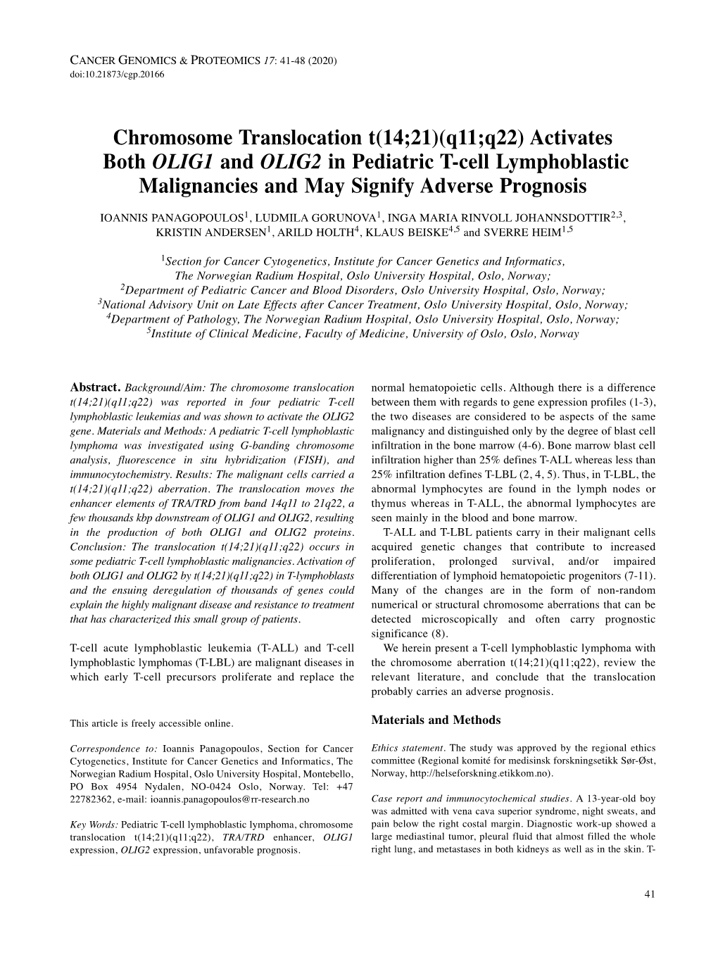 Activates Both OLIG1 and OLIG2 in Pediatric T-Cell Lymphoblastic