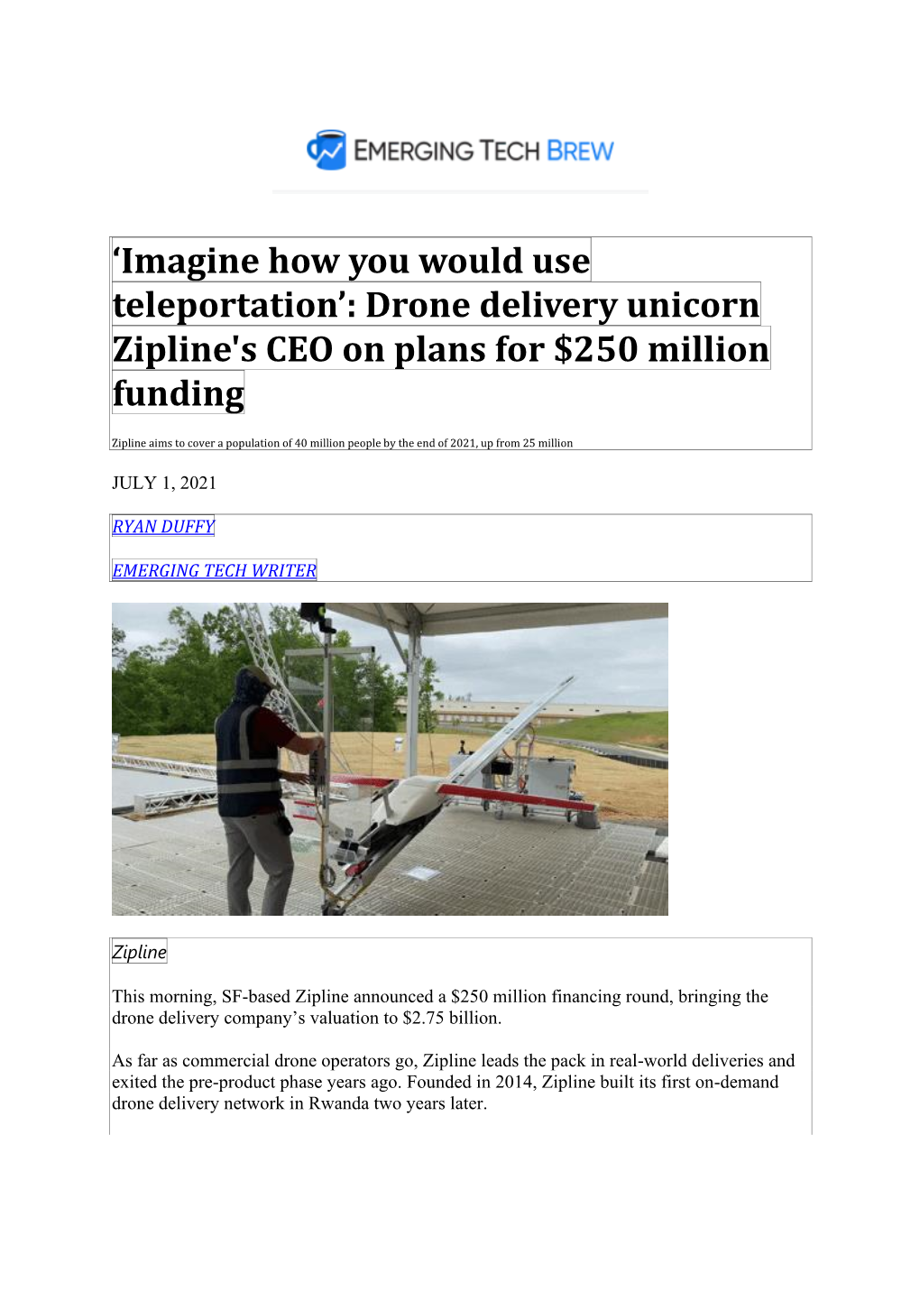 Drone Delivery Unicorn Zipline's CEO on Plans for $250 Million Funding