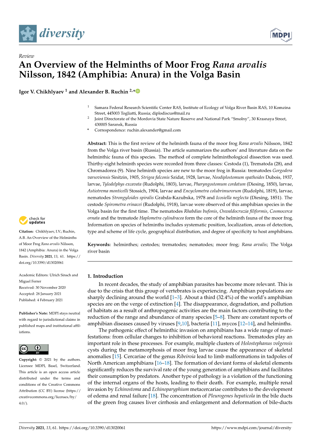 An Overview of the Helminths of Moor Frog Rana Arvalis Nilsson, 1842 (Amphibia: Anura) in the Volga Basin