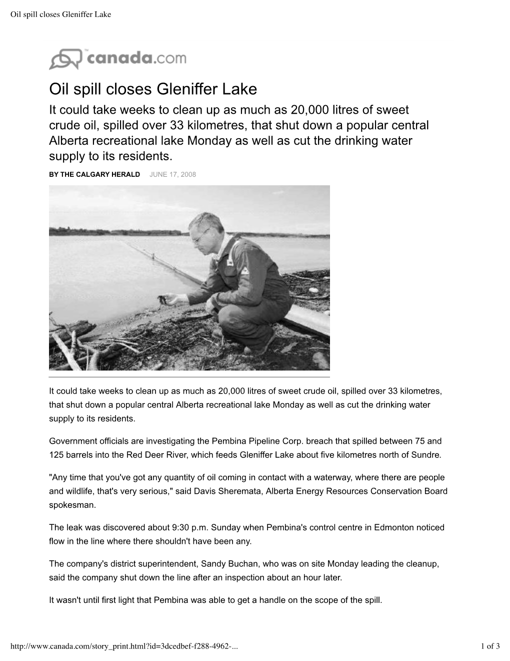 Oil Spill Closes Gleniffer Lake