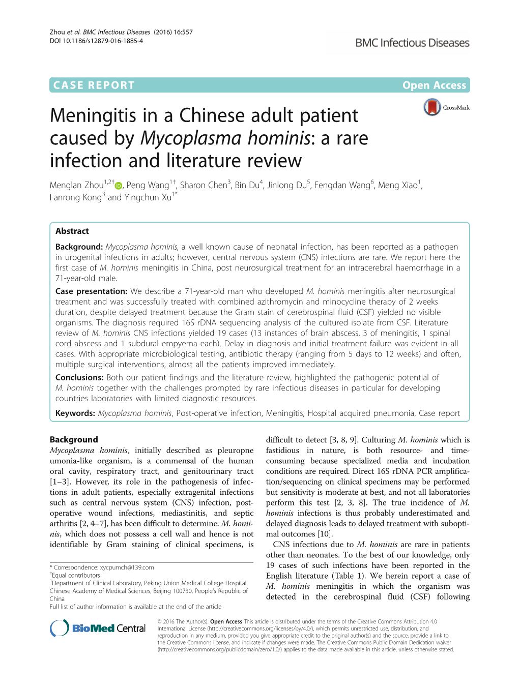 Meningitis in a Chinese Adult Patient Caused by Mycoplasma Hominis: a Rare Infection and Literature Review