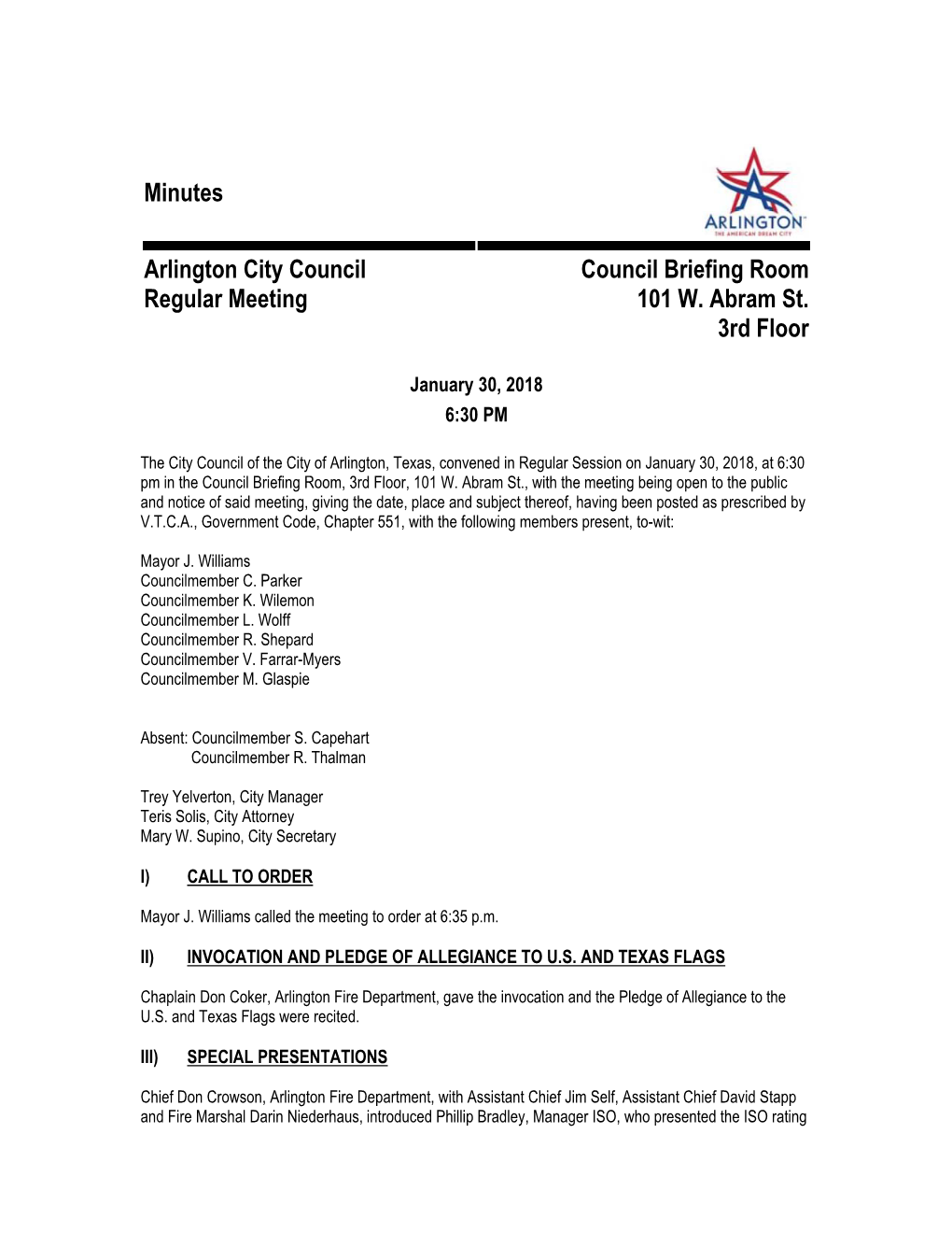 Minutes Arlington City Council Regular Meeting Council Briefing
