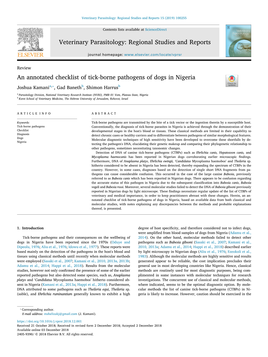 An Annotated Checklist of Tick-Borne Pathogens of Dogs in Nigeria