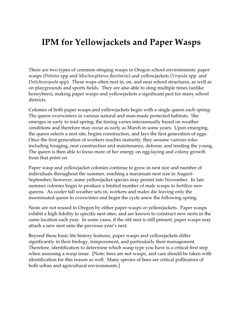 IPM for Yellowjackets and Paper Wasps